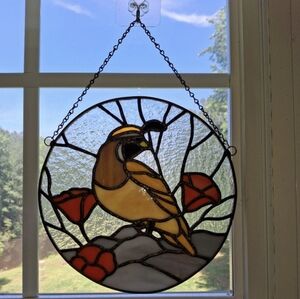 Stained Glass Art Round Bird Flower Suncatcher